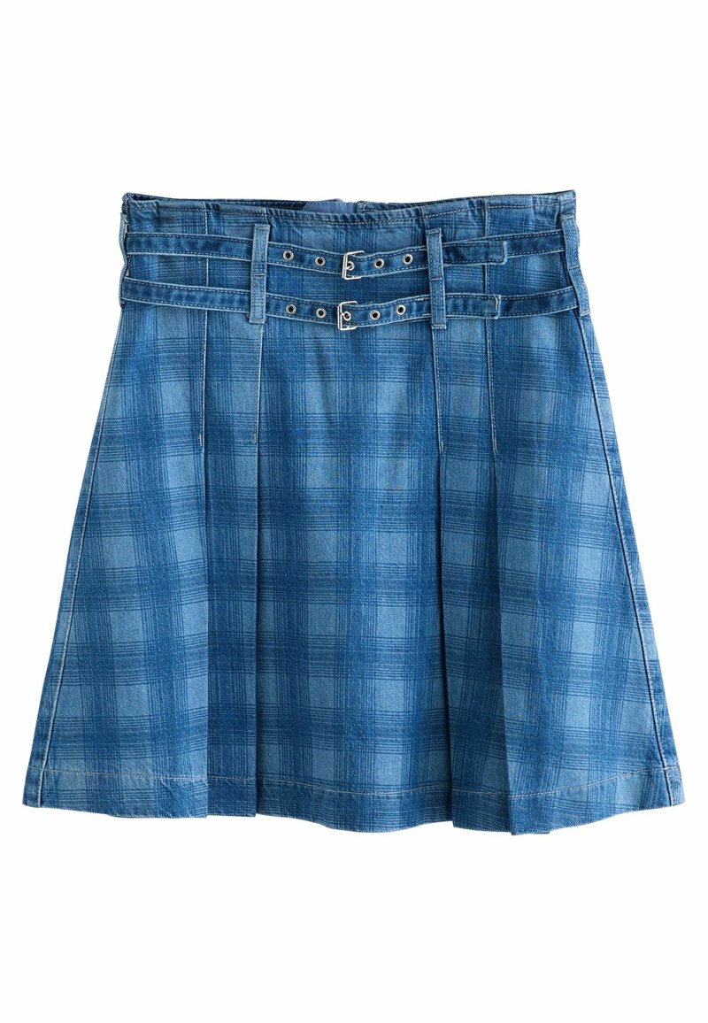 Jeanskjol i blått med rutig mönster, med en figurnära midja, två bältesöglor och två spänneffekter. Längd till mitten av låret med veck.
