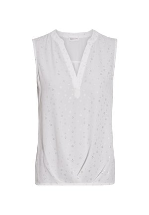 Top bianco senza maniche con scollo a V, caratterizzato da sottili perforazioni floreali e un dettaglio arricciato all'orlo per una vestibilità rilassata.