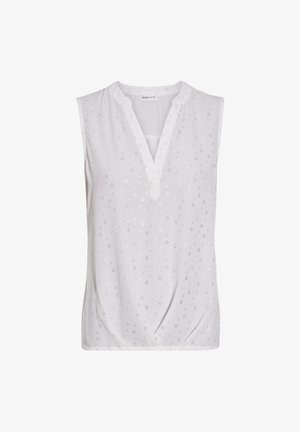 White sleeveless top with a V-neck, featuring subtle floral perforations and a gathered detail at the hem for a relaxed fit.