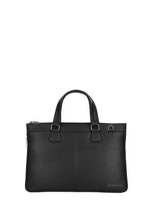 Sac fourre-tout en cuir noir avec deux poignées, surface texturée, fermeture zippée et accents en métal argenté ; branding minimal sur le côté.