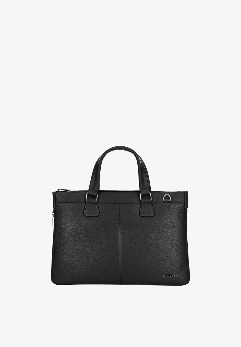 Schwarze Leder-Shopper-Tasche mit zwei Griffen, strukturiertem Oberflächen, Reißverschluss und silbernen Hardware-Akzenten; minimalistische Marken kennzeichnung an der Seite.