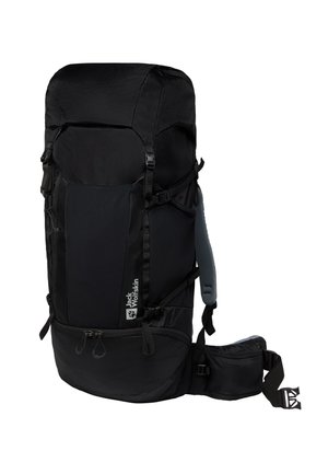 Schwarzer Wanderrucksack mit großem oberen Fach, verstellbaren Tragegurten und einer seitlichen Tasche. Hergestellt aus strapazierfähigem, wetterfestem Material.