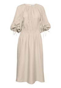 Helles beige Kleid aus strukturiertem Stoff, mit Puffärmeln, elastischem Bund und knielanger Schnittführung. Enthält ein dezentes Streifenmuster.