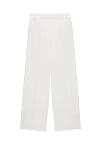 Białe spodnie typu wide-leg z wysokim stanem, z plisowanymi detalami z przodu i gładką strukturą materiału. Brak widocznych kieszeni i elementów metalowych.