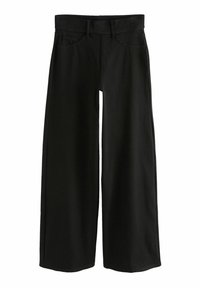 Pantaloni din denim negri, cu croi larg și drept, uși pentru curea și două buzunare frontale. Textură netedă și finisaj curat la tivuri.
