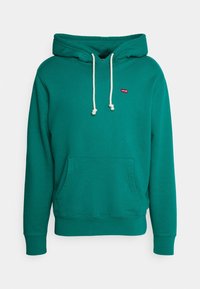 Sweat à capuche Levi's bleu sarcelle avec cordons blancs, poche kangourou à l'avant, poignets et ourlet côtelés, présenté sur un fond blanc uni.