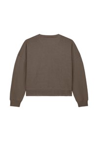 Effen bruine langesleeve crewneck sweatshirt met ribgebreide boorden en zoom, weergegeven vanaf de achterkant op een witte achtergrond.