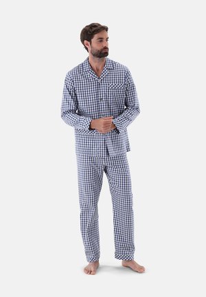Navy and white gingham pajama set made from woven cotton, featuring a button-up shirt with a pocket and matching pants with an elastic waistband.