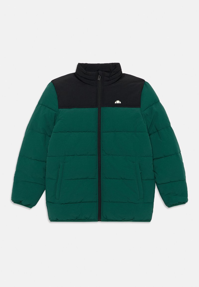 Grønn og svart pufferjakke med høy krage, frontglidelås og to sidelommer. Horisontal quiltet mønster overalt.