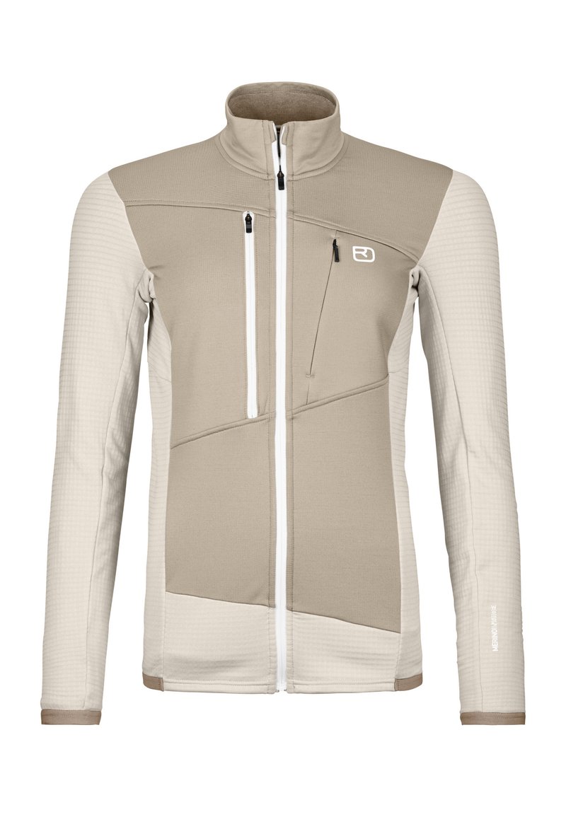 Beige und hellcremefarbene Softshelljacke mit hohem Kragen, mit Reißverschlusstaschen, strukturierten Mustern und kontrastierendem Paneeldesign.