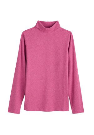 Roze lange mouw coltrui gemaakt van zachte, rekbare stof met een relaxte pasvorm. Heeft een hoge kraag en een eenvoudig ontwerp zonder patronen.