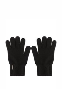Schwarze Strickhandschuhe mit einem gerippten Bündchen. Jeder Handschuh hat fünf separate Finger und eine glatte Textur. Dezente Branding ist auf einem Bündchen sichtbar.