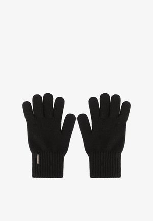 Black knitted gloves with a ribbed cuff. Each glove features five individual fingers and a smooth texture. Subtle branding is visible on one cuff.