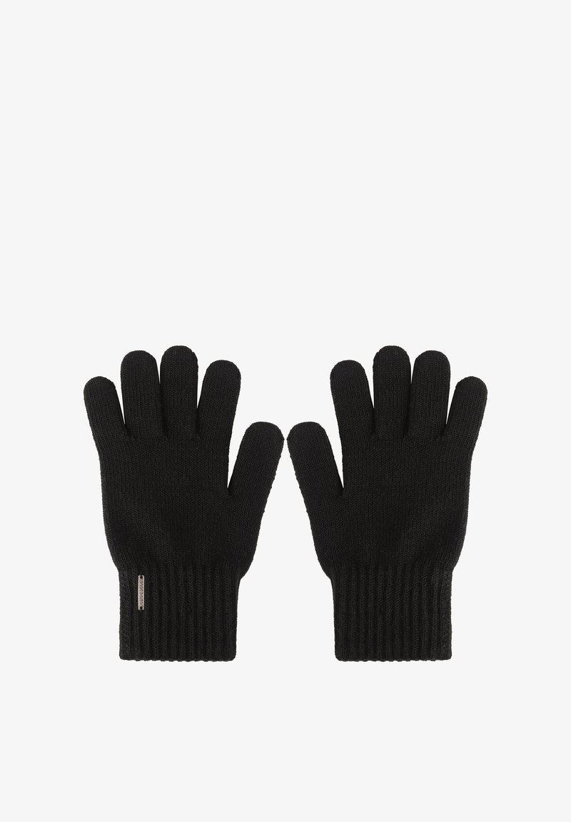 Sorte strikkede handsker med ribbet manchet. Hver handske har fem individuelle fingre og en glat overflade. Subtile branding er synlig på en manchet.
