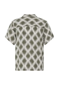 Rövid ujjú ing szürke és fehér absztrakt ikat mintával, hátulnézetben, fehér háttér előtt.