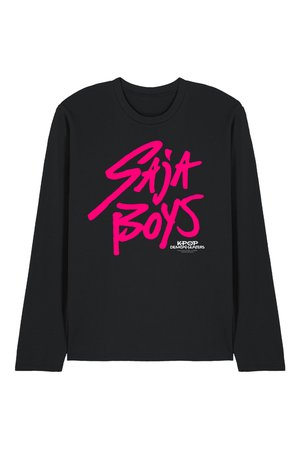 Black long-sleeve shirt with bold pink "Sa¡a Boys" text and small white "KPOP DEMON HUNTERS" logo centered on the front.