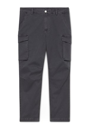 Houtskoolgrijze cargobroek met twee klepzakken aan de voorkant, zijzakken, een knoopsluiting, riemlussen en versterkte kniestiksels.