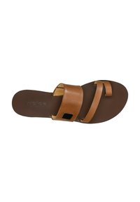 Sandalo in pelle marrone con due fascette; una piatta e l'altra sottile. Accento quadrato nero sulla fascetta superiore, plantare piatto marrone.