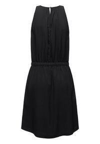 Schwarzes ärmelloses Kleid mit tailliertem Schnitt, gerafftem Rock und Schlüssellochverschluss auf dem Rücken; glattes Material mit klassischer Silhouette.
