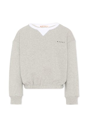 Felpa corta a maniche lunghe colore grigio chiaro con orlo elastico, dettaglio scollo a V, polsini a costine e piccolo logo nero "Marni" sul petto a sinistra.