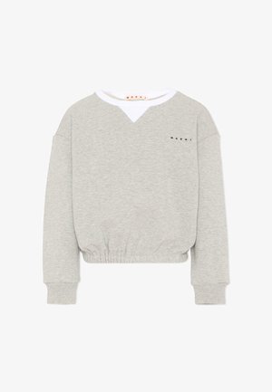 Felpa corta a maniche lunghe colore grigio chiaro con orlo elastico, dettaglio scollo a V, polsini a costine e piccolo logo nero "Marni" sul petto a sinistra.