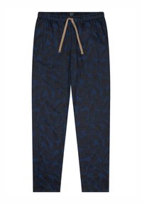 Tmavě modré vzorované kalhoty s elastickým pasem a šňůrkou na stažení. Design obsahuje tmavé abstraktní tvary na látce.
