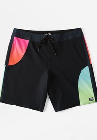 Zwarte zwemshorts met kleurgeblockte zakken in roze, oranje en groen. Voorzien van een trekkoord in de taille en een gladde textuur.