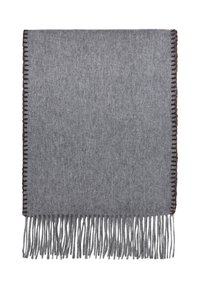 Coperta in lana grigia con un bordo sfrangiato. Cucita con un bordo marrone, presenta una texture liscia e una forma rettangolare.