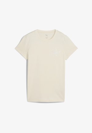 Kremowa bawełniana koszulka z okrągłym dekoltem, krótkim rękawem i białym haftowanym logo Puma na piersi. Miękka w dotyku.