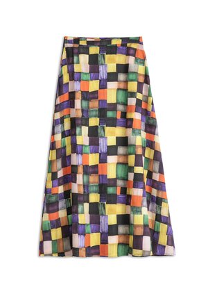 Gonna A-line multicolore con un design patchwork geometrico composto da quadrati neri, gialli, verdi, viola, arancioni e beige.