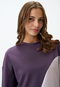 Felpa viola con vestibilità rilassata, caratterizzata da un accento grigio chiaro bloccato su un lato e un collo a coste. Tessuto morbido.