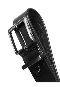 Black leather belt with a silver metal buckle, featuring a rectangular design and smooth texture. Accented with white stitching and logo detail.