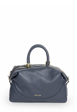 Granatowa skórzana torebka o teksturowanym wykończeniu, o sztywnym kształcie, z podwójnymi uchwytami u góry, złotymi akcentami i zamknięciem na zamek błyskawiczny.