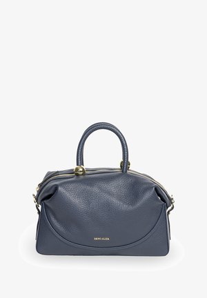 Granatowa skórzana torebka o teksturowanym wykończeniu, o sztywnym kształcie, z podwójnymi uchwytami u góry, złotymi akcentami i zamknięciem na zamek błyskawiczny.