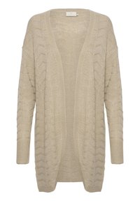 Cardigan beige en maille à devant ouvert avec manches longues et poignets côtelés, présentant un motif zébré texturé sur toute la surface.