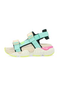 Sandali sportivi con suola beige e cinturini turchesi. Le caratteristiche includono cinturini regolabili e una suola testurizzata con accenti neon in rosa e giallo.