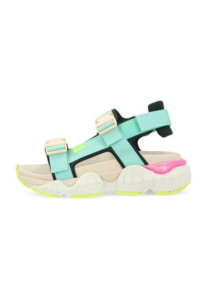 Sandali sportivi con suola beige e cinturini turchesi. Le caratteristiche includono cinturini regolabili e una suola testurizzata con accenti neon in rosa e giallo.