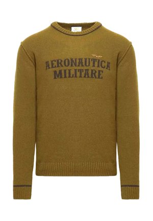 Maglione lavorato a maglia verde oliva con polsini e orlo a coste, caratterizzato da testo "AERONAUTICA MILITARE" e un piccolo emblema di ala ricamato sul petto.