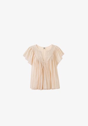 Beige, short-sleeve blouse with deep V-neck, gathered fabric, and textured yoke detail, loose fit and lightweight material.