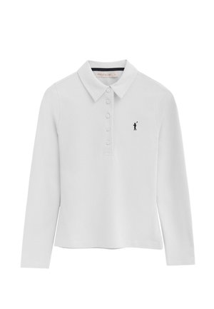 Weißes Polohemd mit langen Ärmeln, Kragen, fünf Knöpfen und kleinem schwarzem Golfer-Logo auf der linken Brust.