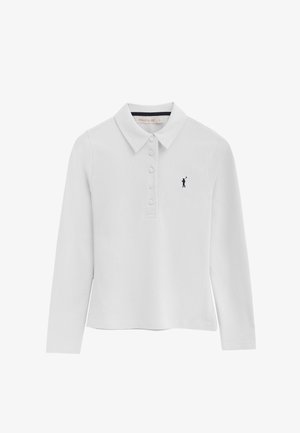 Polo blanc à manches longues avec col, cinq boutons et petit logo de golfeur noir sur la poitrine gauche.