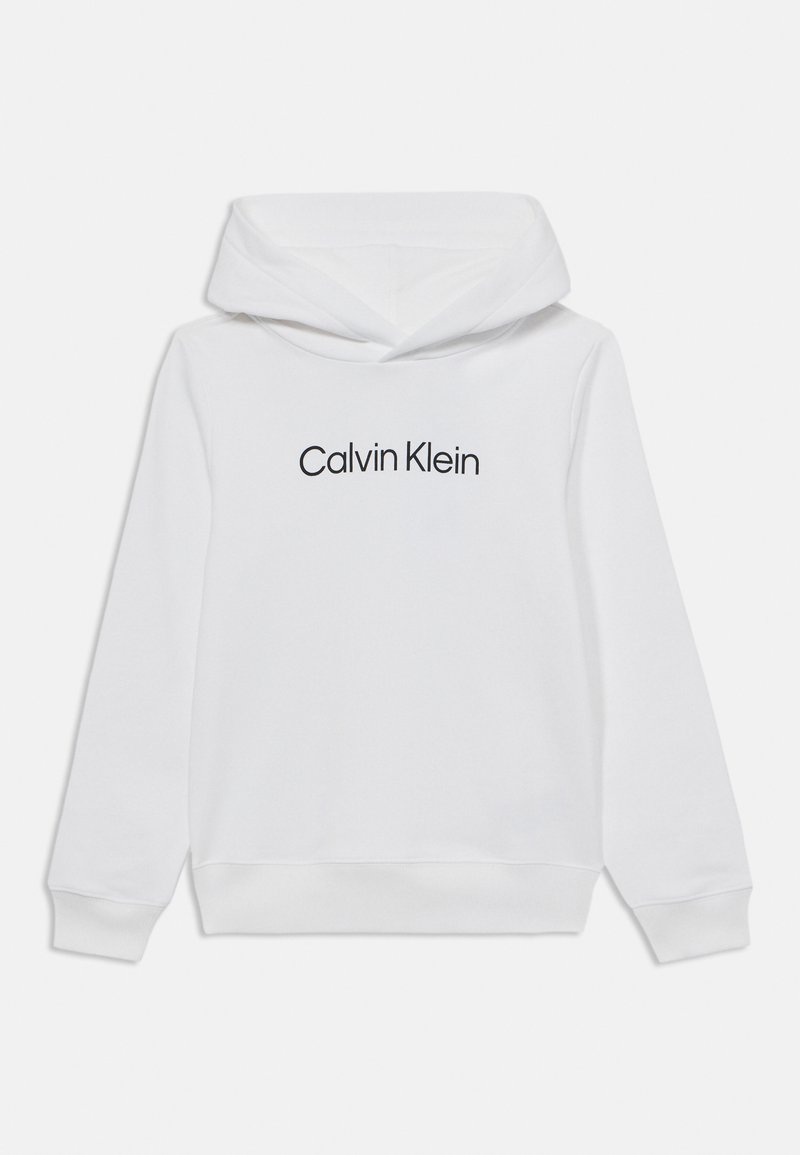 Felpa bianca realizzata in tessuto morbido, con tasca frontale, polsini a costine e cappuccio con cordino. Logo "Calvin Klein" in nero centrato sul petto.