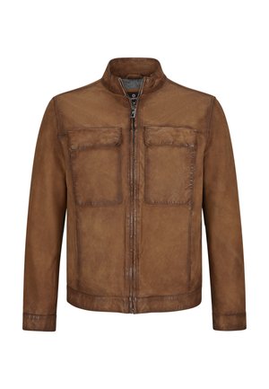 Braune Lederjacke mit Stehkragen, vorderem Reißverschluss und zwei Brusttaschen. Glatte Textur und minimalistisches Design.