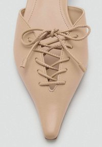 Chaussure en cuir nude avec un bout pointu, présentant un design à lacets à l'avant. Texture lisse et détails de couture minimaux visibles.