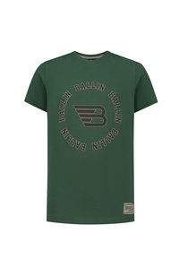 Zielona bawełniana koszulka z krótkim rękawem, okrągłym dekoltem i graficznym wzorem przedstawiającym słowo "BALLIN" oraz skrzydlatą literę "B".