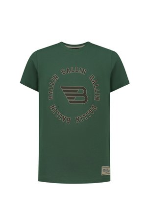 Grøn bomulds T-shirt med korte ærmer, rund halsudskæring og et cirkulært grafisk motiv med ordet "BALLIN" og et vingerbåret "B."