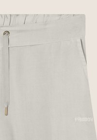 Pantalones cortos gris claro con cinturilla ajustable, que presentan una textura suave y un logo bordado en la parte inferior de la pierna. Detalle de herrajes en tono dorado.