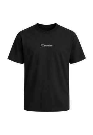 Black short-sleeve crew neck t-shirt with small white text "Paradise Neverless" centered on the chest.