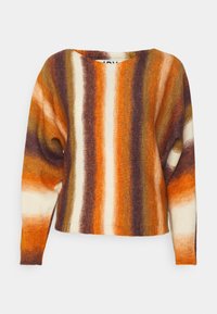 Texturerad stickad tröja med diagonala ränder i orange, brunt, kräm och lila. Vid rundhals och långa ärmar, avslappnad passform.