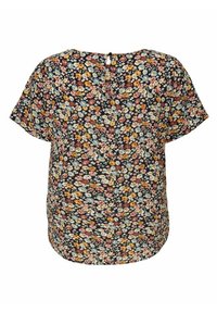 Blusa a stampa floreale con maniche corte, caratterizzata da uno sfondo blu navy e fiori multicolori. Include un'apertura a forma di chiave sul retro.